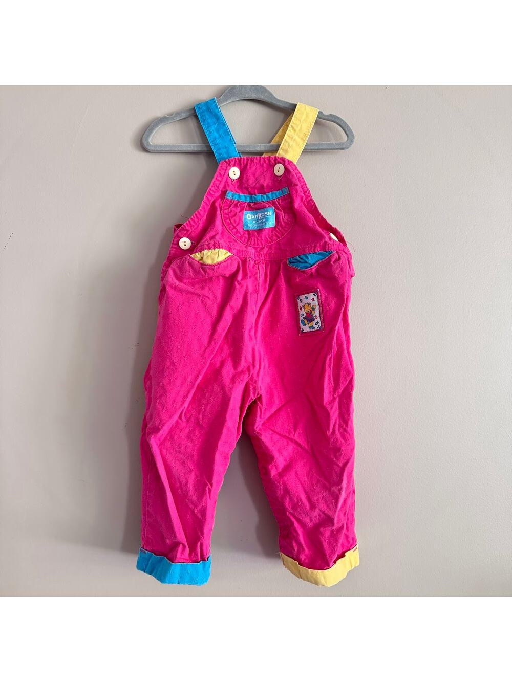 Vintage OshKosh B'Gosh Pink Colorblock Overalls Dancing Bear 1990s Rare USA 24M